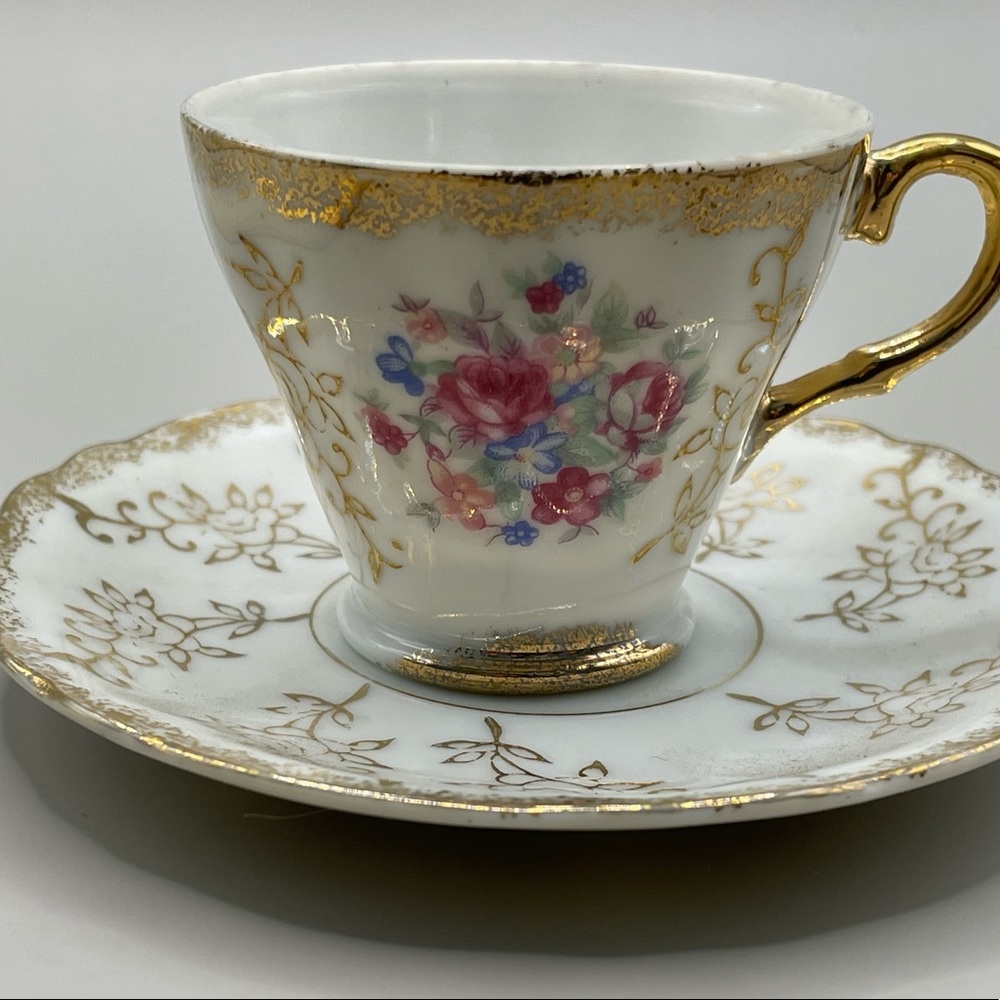 Antique Porcelain Delicate Petite Tea Cup & Saucer Japan Detailed Gold w flowers